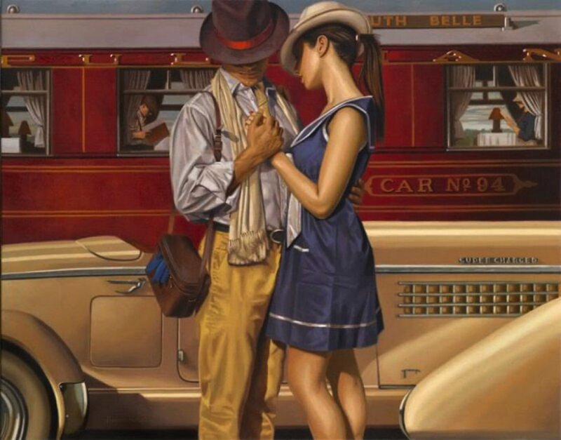 Couple Embracing at Train Station