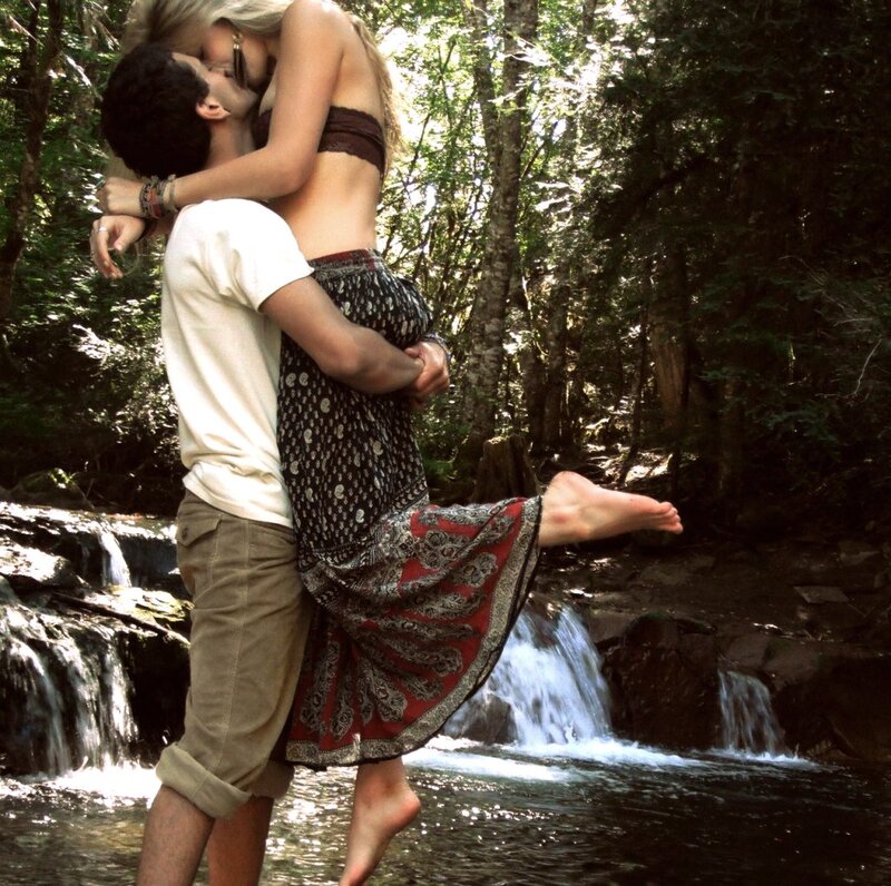 Couple Embracing by Waterfall — Green