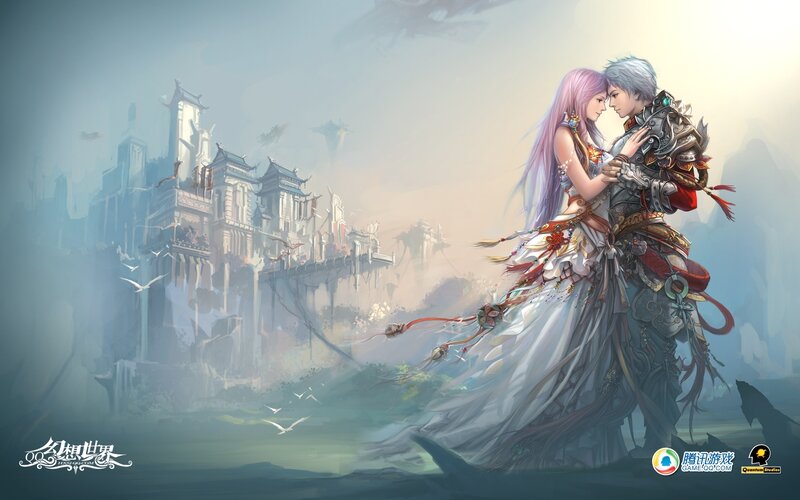 Couple Embracing in Fantasy Setting