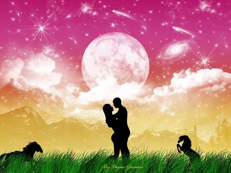 Couple Embracing in Field — Pink, Romantic, Night