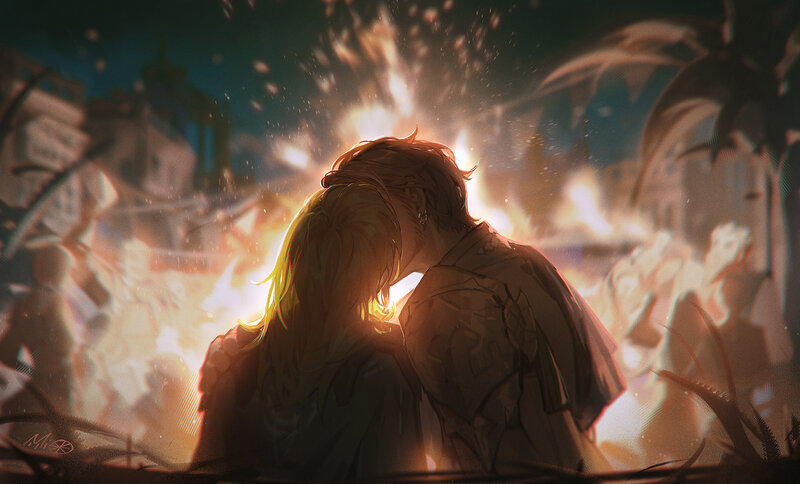 Couple Embracing in Fire — Orange, Dramatic, Night