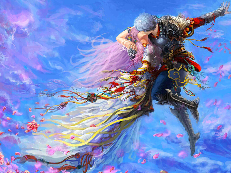 Couple Embracing in Flight — Blue