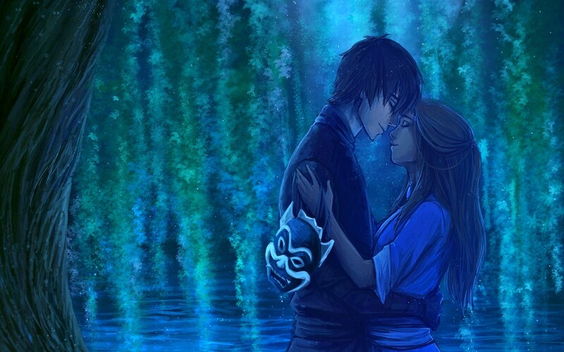 Couple Embracing in Forest — Blue, Serene, Night