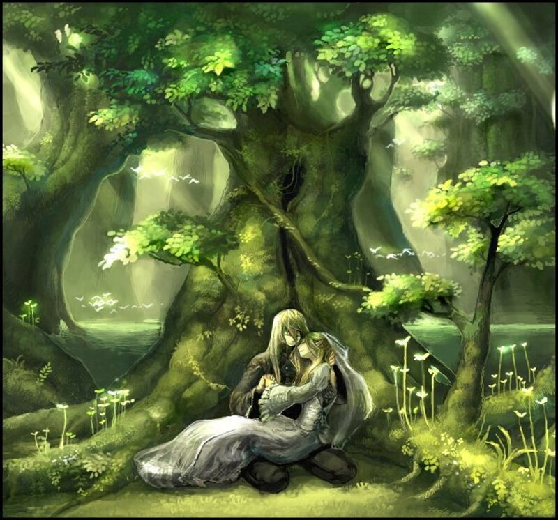 Couple Embracing in Forest — Green, Serene, Morning