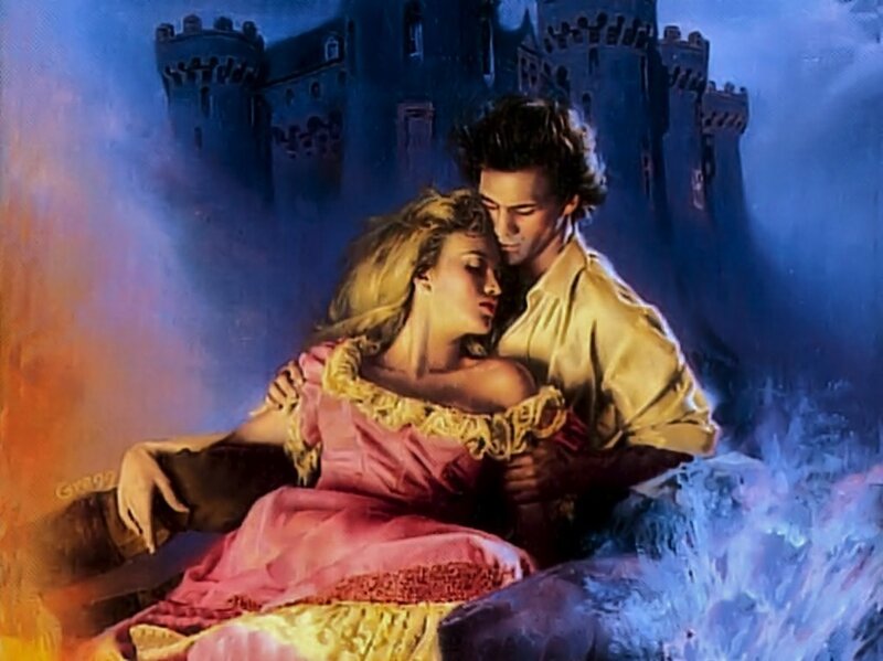 Couple Embracing in Front of Castle