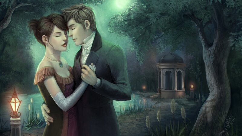 Couple Embracing in Garden — Green, Serene, Night