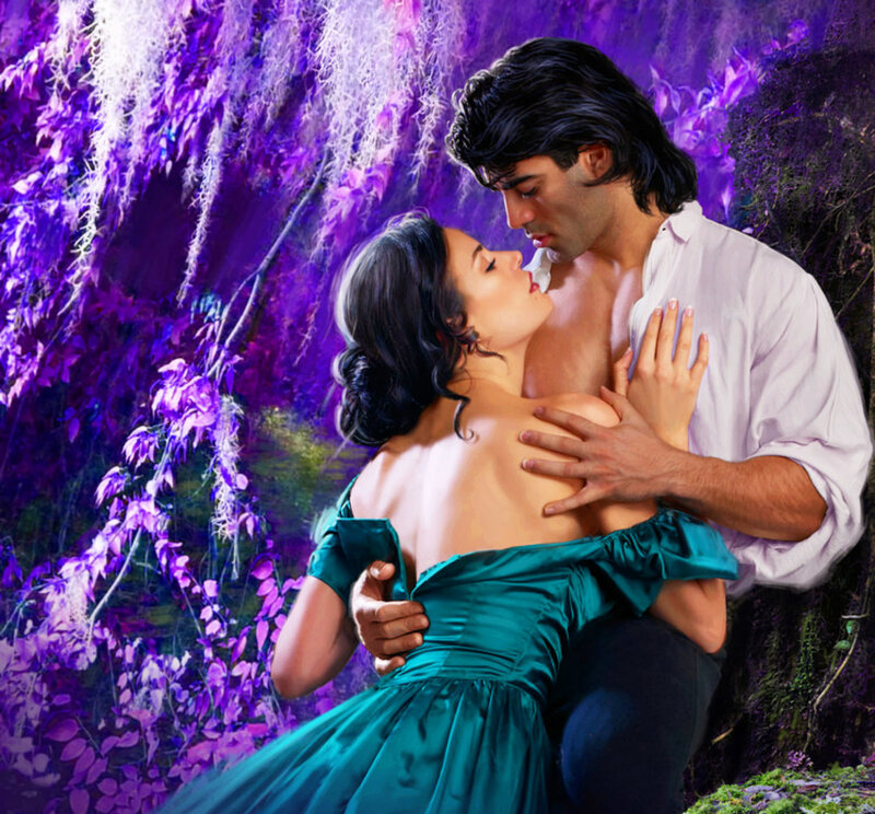 Couple Embracing in Garden — Purple, Romantic, Night, Digital Art