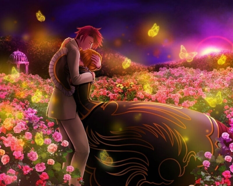 Couple Embracing in Garden — Purple, Romantic, Night