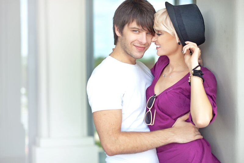 couple embracing in purple dress