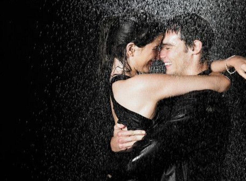 Couple Embracing in Rain — Black, Intimate