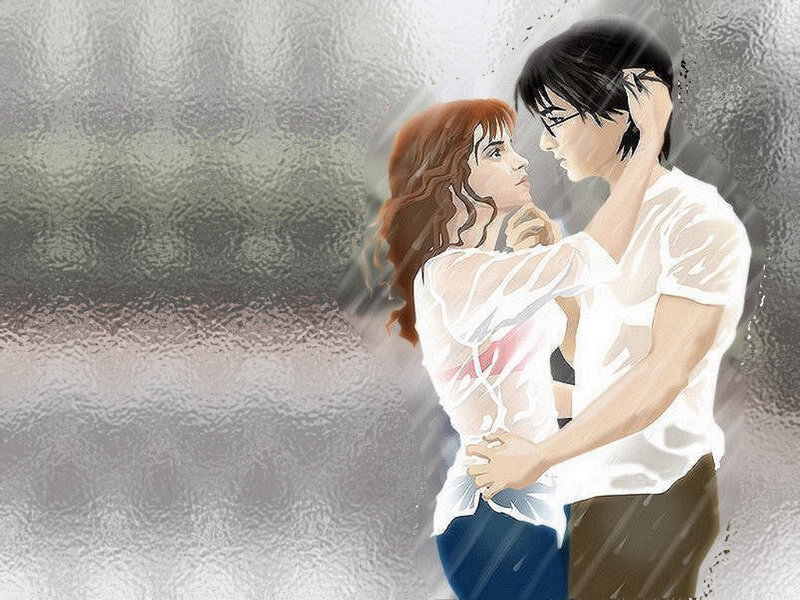 Couple Embracing in Rain — White