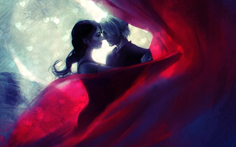Couple Embracing in Red Fabric — Romantic