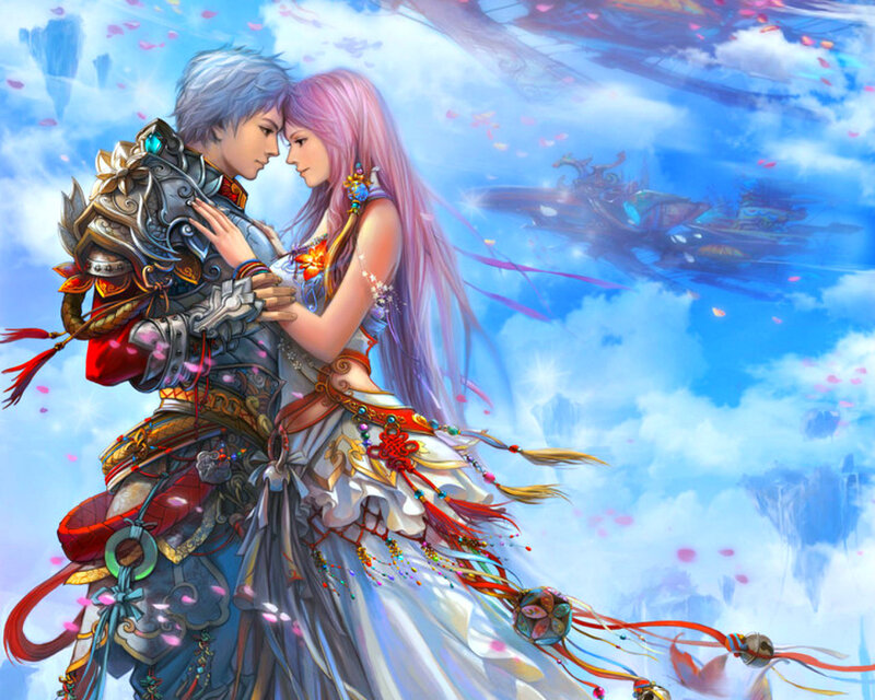 Couple Embracing in Sky — Blue, Serene
