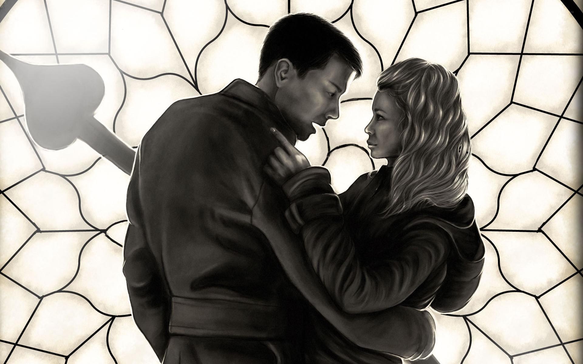couple embracing in stained glass