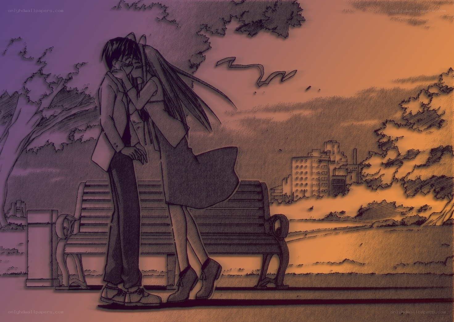 couple embracing on a bench