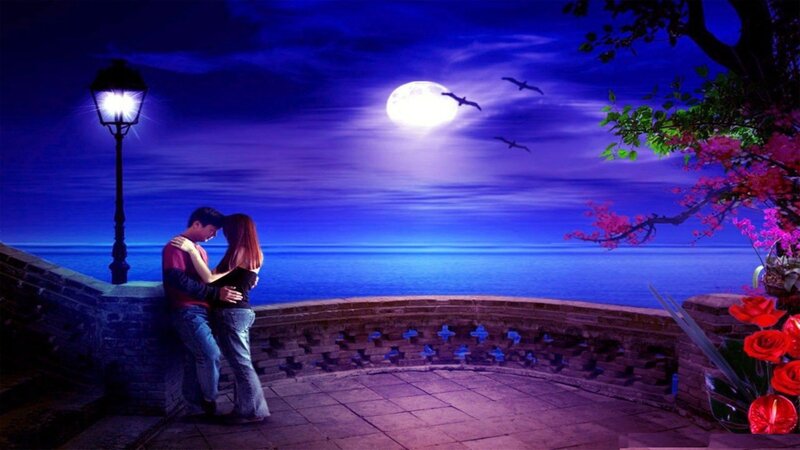 Couple Embracing on Balcony — Blue, Romantic