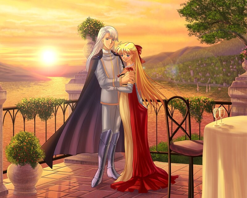 Couple Embracing on Balcony — Orange
