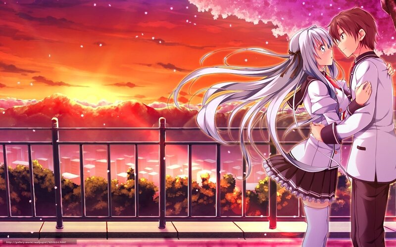 Couple Embracing on Balcony — Red, Romantic, Sunset, Anime