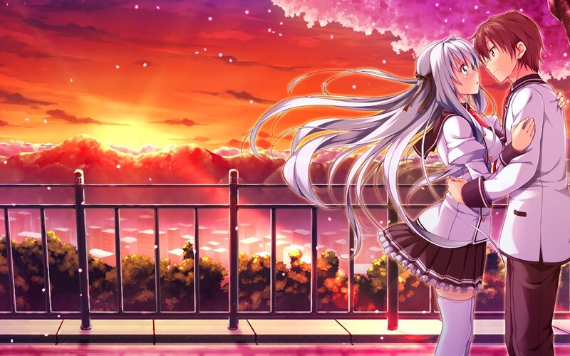Couple Embracing on Balcony — Red, Romantic, Sunset
