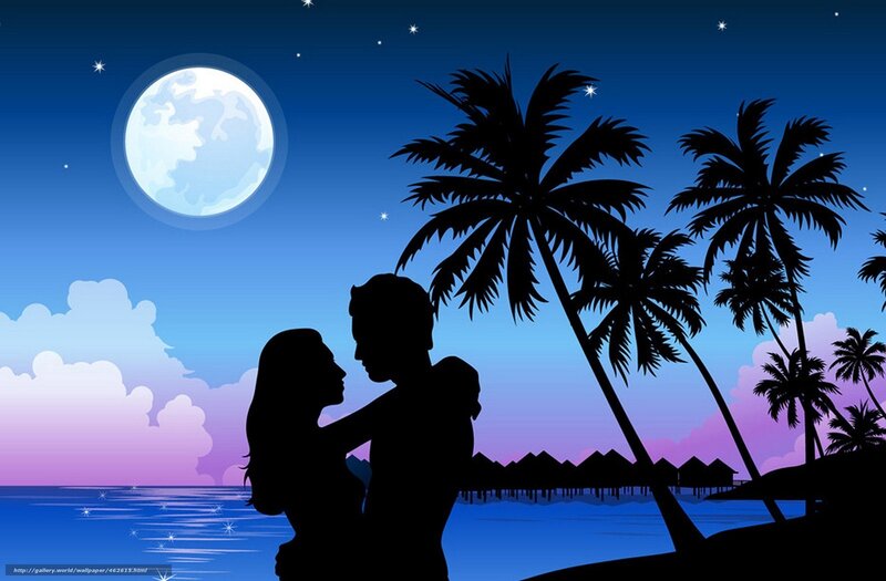 Couple Embracing on Beach — Blue, Romantic, Night, Vector Art, Moon