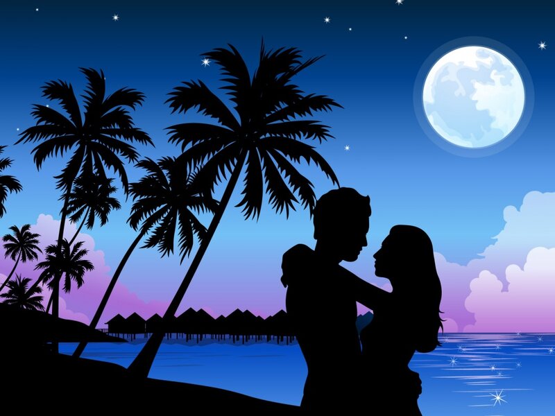 Couple Embracing on Beach — Blue, Romantic, Night, Vector Art, Palm Trees, Moon