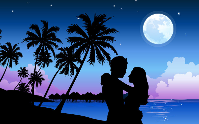 Couple Embracing on Beach — Blue, Romantic, Night, Vector Art, Palm Trees