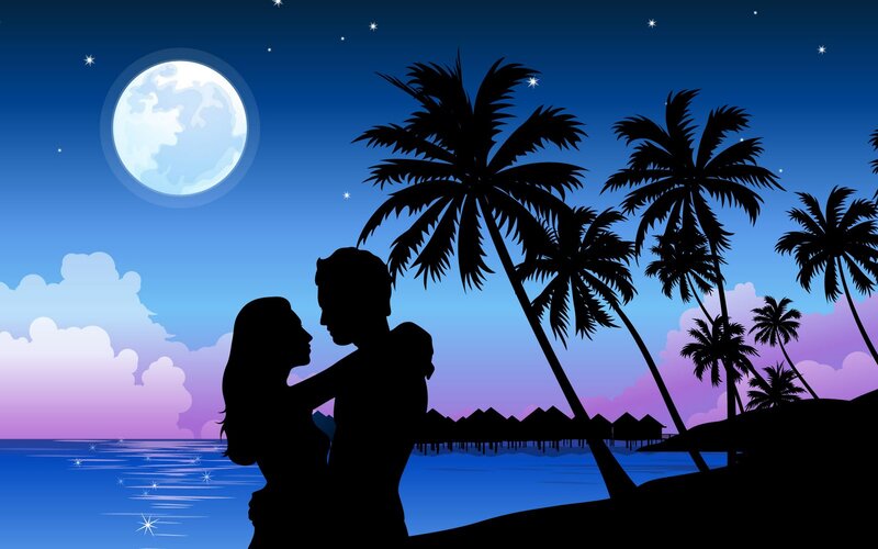 Couple Embracing on Beach — Blue, Romantic, Night, Vector Art