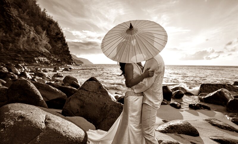 Couple Embracing on Beach — Brown, Romantic