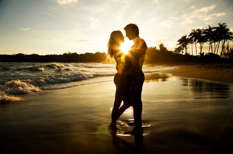 Couple Embracing on Beach — Gold, Romantic, Sunset, Photograph