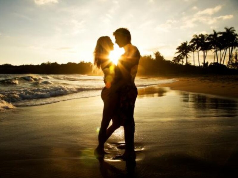 Couple Embracing on Beach — Gold, Romantic