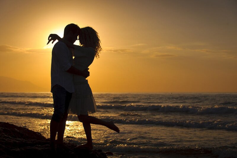 Couple Embracing on Beach — Orange, Romantic, Sunset, Photograph, Ocean, Silhouette
