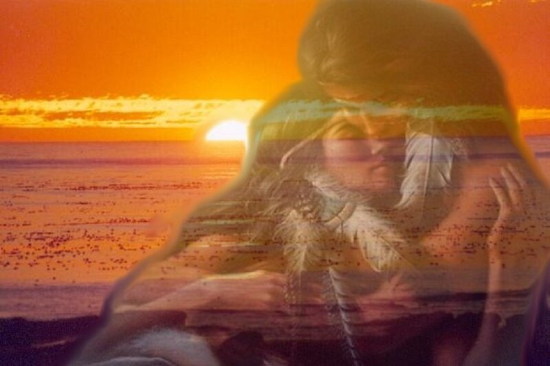 Couple Embracing on Beach — Orange, Romantic, Sunset
