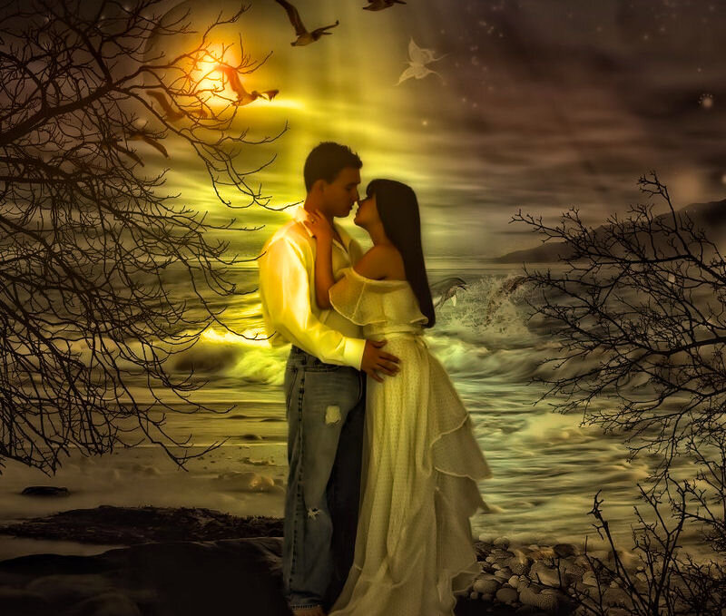 Couple Embracing on Beach — Yellow, Romantic