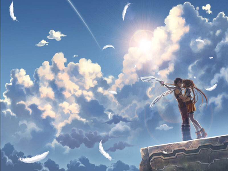 Couple Embracing on Cliff — Blue, Serene, Afternoon, Anime