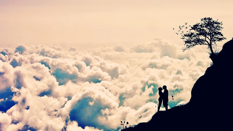 Couple Embracing on Cliff — White, Serene, Sunset