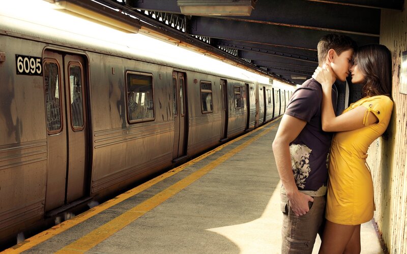 Couple Embracing on Platform — Yellow, Romantic