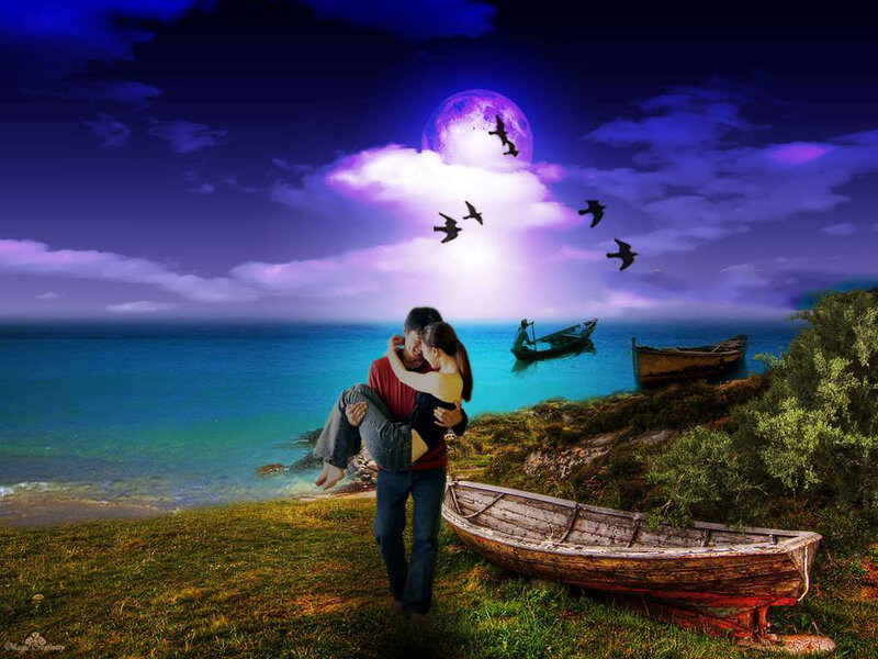 Couple Embracing on Shore — Blue