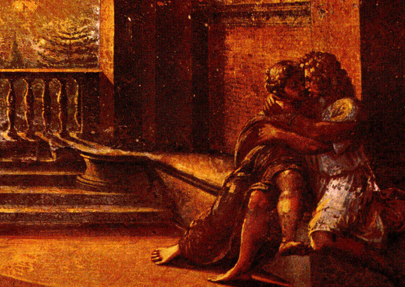 Couple Embracing on Steps — Brown