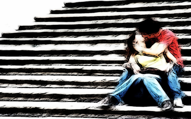 couple embracing on steps