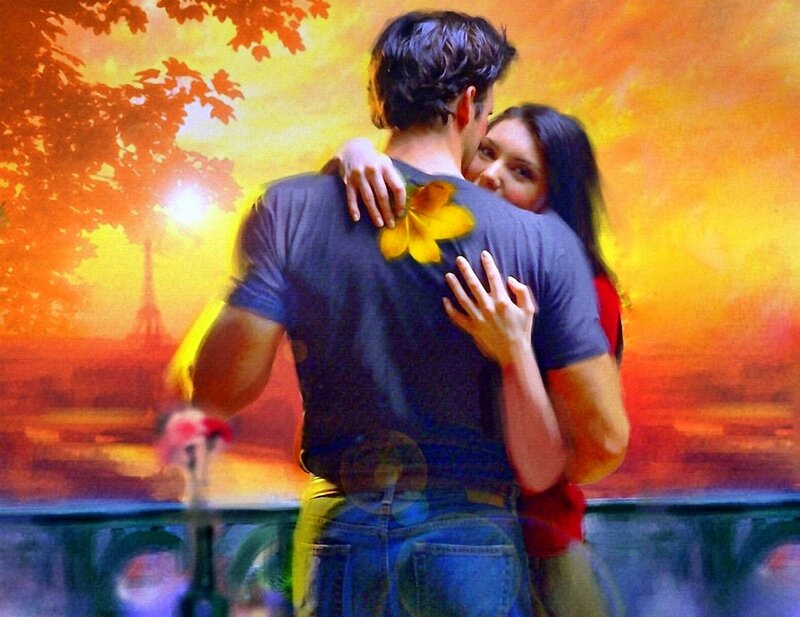 Couple Embracing — Orange, Romantic, Sunset