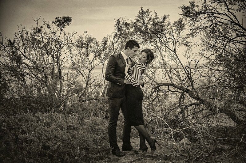 Couple Embracing Outdoors — Black, Dramatic