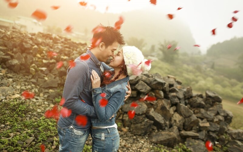 Couple Embracing Outdoors — Red, Romantic