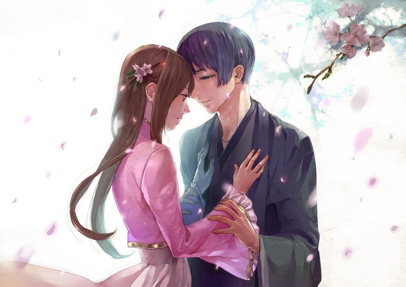 Couple Embracing under Cherry Blossoms