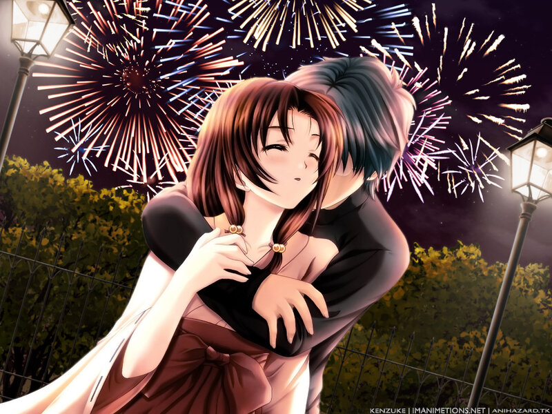 Couple Embracing under Fireworks