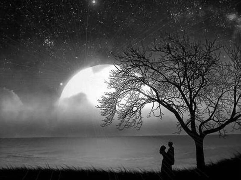 Couple Embracing under Moon — Black