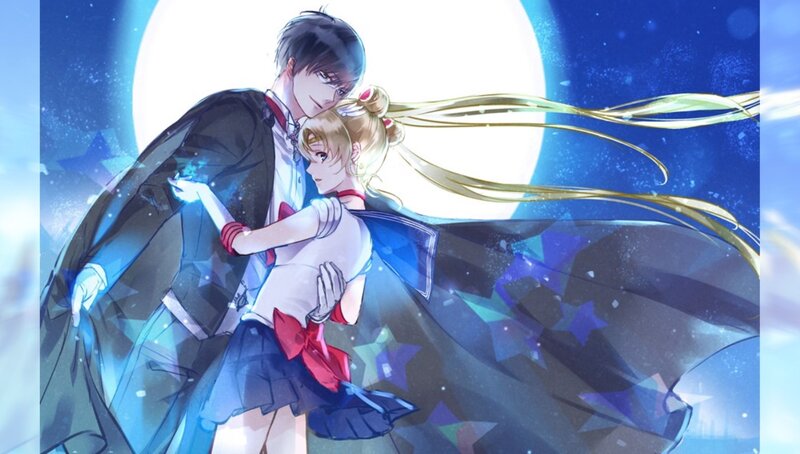 Couple Embracing under Moon — Blue, Romantic, Night, Anime