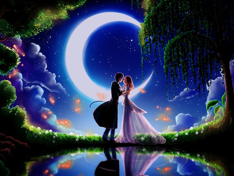 Couple Embracing under Moon — Blue, Romantic, Night, Digital Art