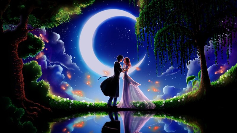 Couple Embracing under Moon — Blue, Romantic, Night, Digital Art, Trees