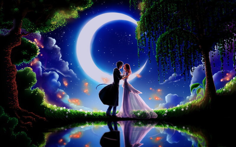 Couple Embracing under Moon — Blue, Romantic, Night