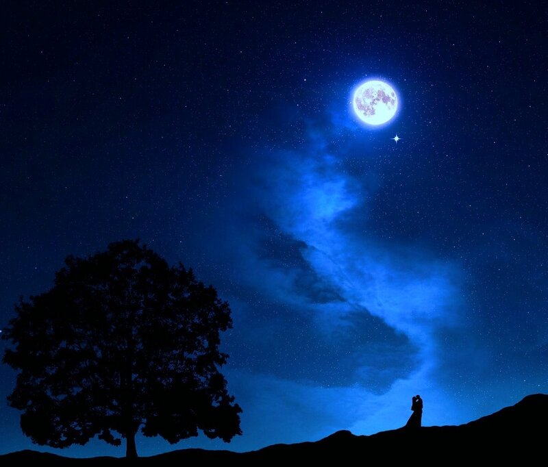 Couple Embracing under Moon — Blue, Serene, Night